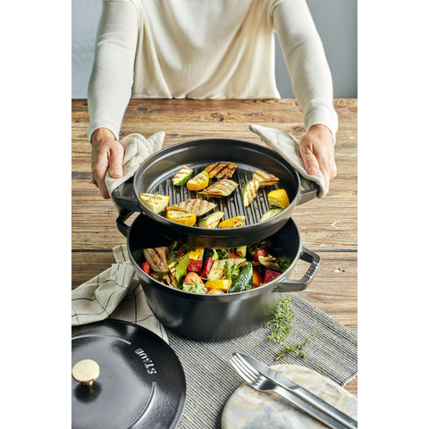 Staub gietijzeren stoofpot+grillpan stackable zwart-rond